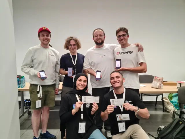 Two of us kneeling with paper boarding passes, four ForzaETH members behind showing their boarding passes on phones.