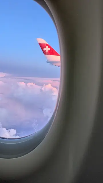 A Swiss aircraft wing above pink clouds.
